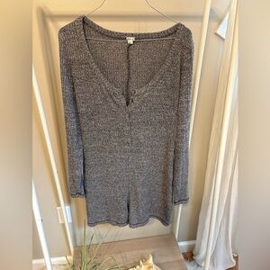aerie Gray Knit Long-Sleeve Henley Romper